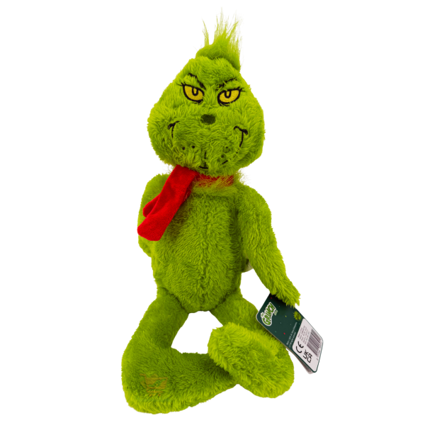 Grünes Grinch-Plüschtier mit rotem Schal und langen Beinen, sitzend ca. 25 cm, komplette Länge mit Beinen ca. 40 cm